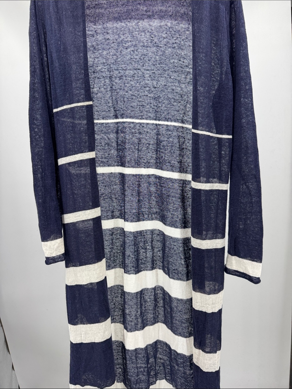 Chico's Navy White Striped Lightweight open front duster cardigan linen M stripe - Picture 9 of 10